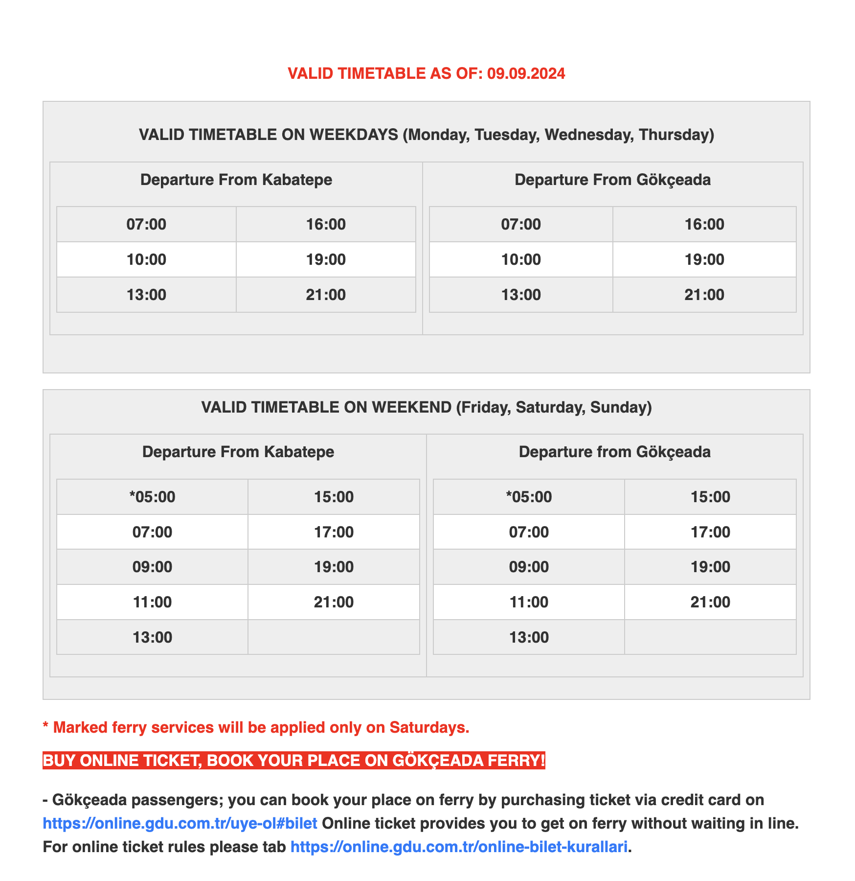 Gestaş September 2024 Ferry Schedule